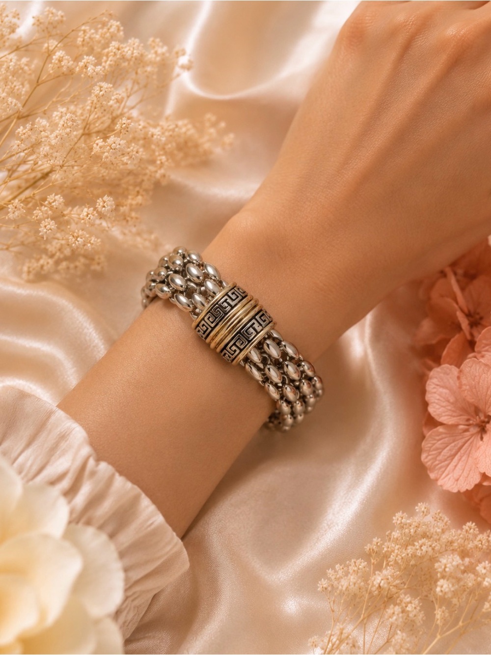 Designer Inspired Chunky Silver & Gold Toned Greek Symbol Magnetic Bracelet